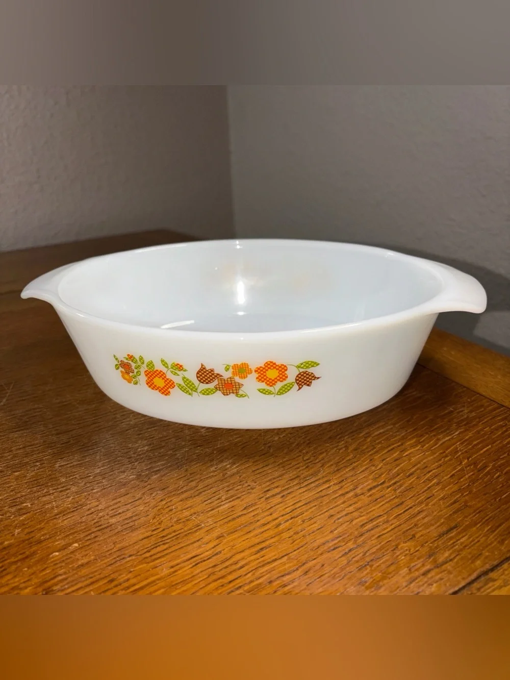 FIRE-KING Gingham Flowers Casserole Dish 1.5QT Milk Glass Vintage Anchor Hocking